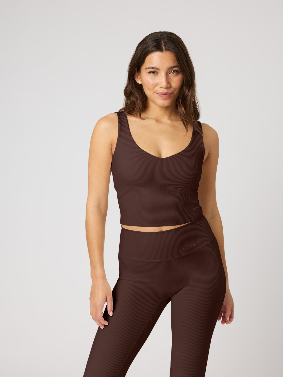 BJÖRN BORG Studio Ribbed V-neck Top Coffee Bean