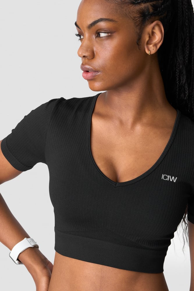ICIW Ribbed Define Seamless V-neck Cropped T-shirt Black
